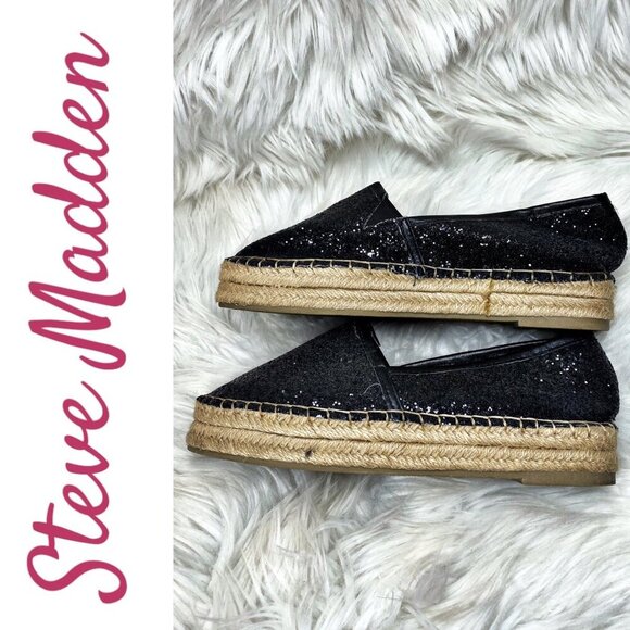 STEVE MADDEN LUNAH BLACK SPARKLE PLATFORM ESPADRILLE LOAFER SLIP ON, SIZE 7.5 - Picture 3 of 7